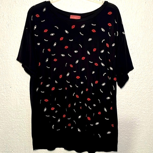 Rag Doll black, multi design, lips and eyes blouse size 1X - Picture 1 of 8